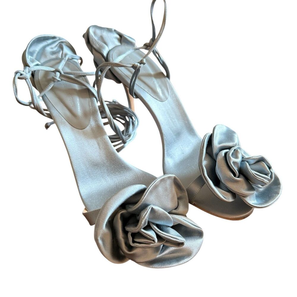 MAGDA BUTRYM Sz 41 Double Flower Heels Sandals Blue Satin Ankle Straps Appliqués